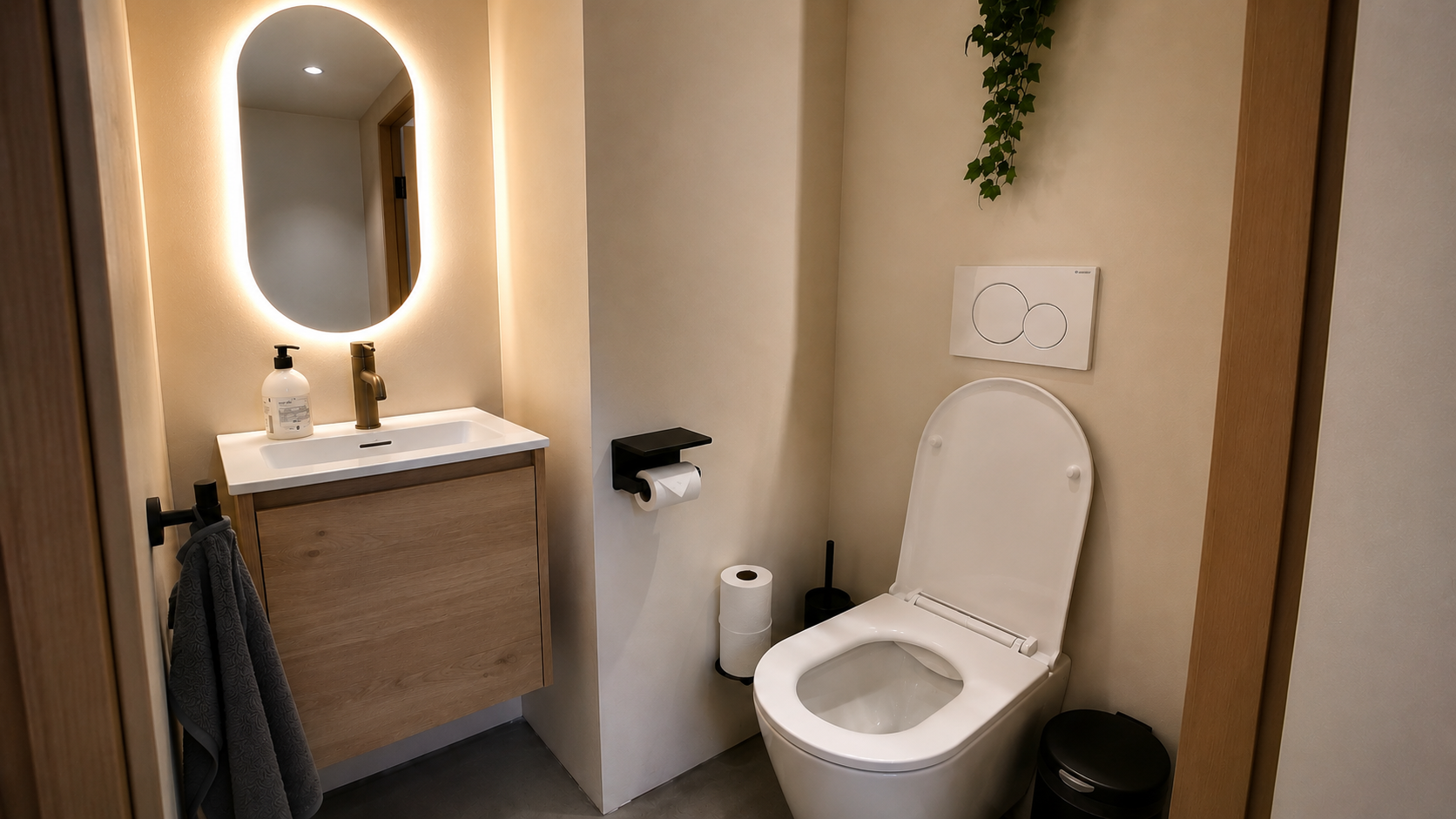 Net sanitair met toilet, wastafel en verlichte ronde spiegel